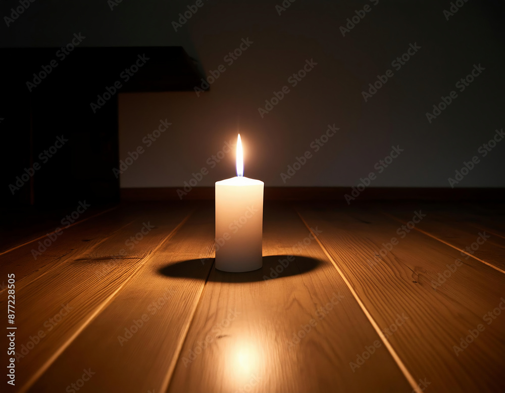 a burning candle glowing on a wooden floor in a dim lit room