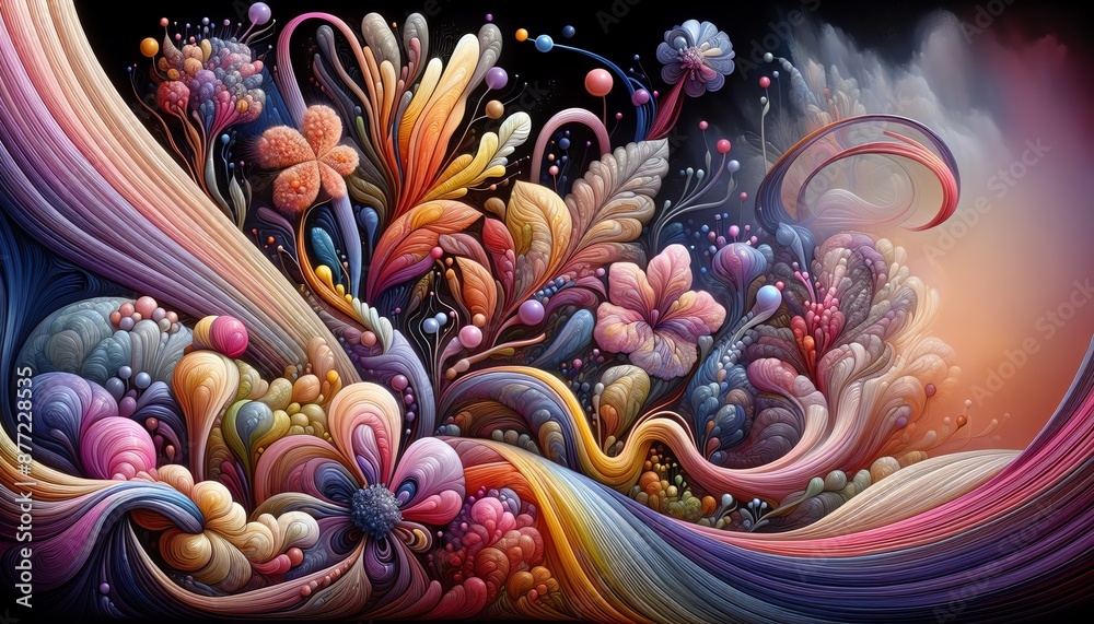 An illustration of surreal botanical scene with a futuristic and otherworldly aesthetic in dark background An illustration of surreal botanical scene with a futuristic and otherworldly aesthetic in dark background