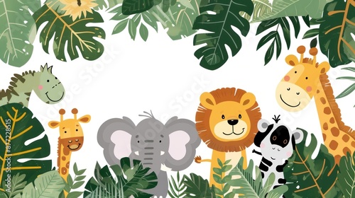 jungle frame animals, illustration African safari animals in tropical leaves, Cartoon 