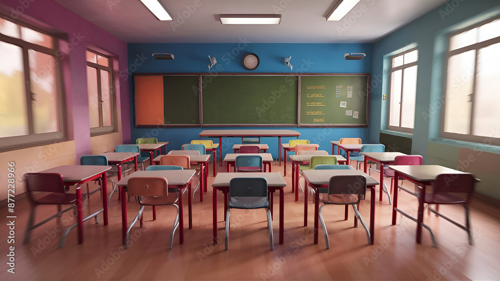 Empty school classroom blurry view with chairs and tables. Concept of education Empty school classroom blurry view with chairs and tables. Concept of education