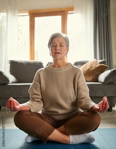 mujer mayor meditando en living de su casa photo