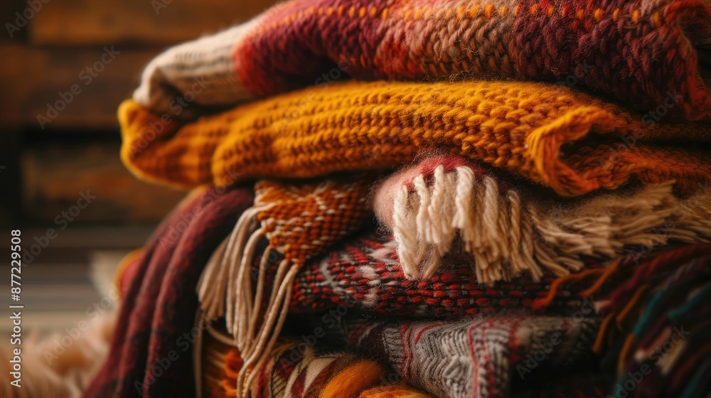 Cozy stack of colorful knitted blankets in warm tones, perfect for autumn and winter comfort and home decor inspiration. Cozy stack of colorful knitted blankets in warm tones, perfect for autumn and winter comfort and home decor inspiration.