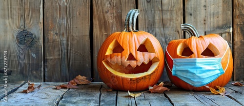 Two pumpkins wearing masks ...