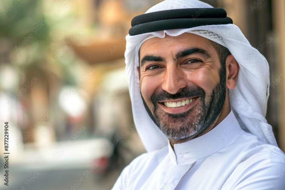 Closeup of a happy emirati man wearing a keffiyeh and agal, with a friendly smile, outdoors Closeup of a happy emirati man wearing a keffiyeh and agal, with a friendly smile, outdoors