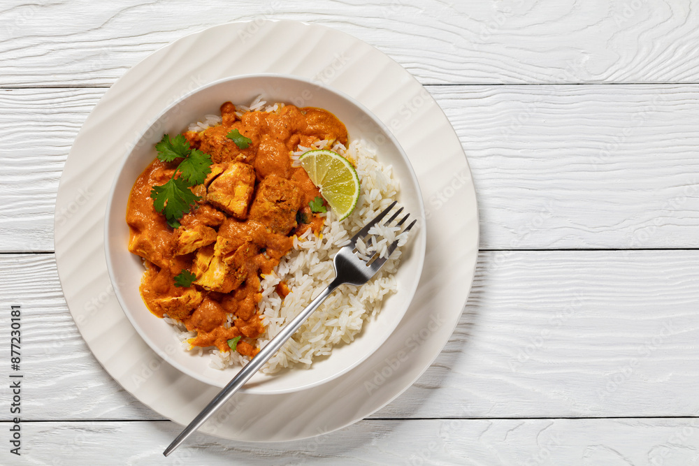 indian spiced fish curry, salmon masala, top view indian spiced fish curry, salmon masala, top view