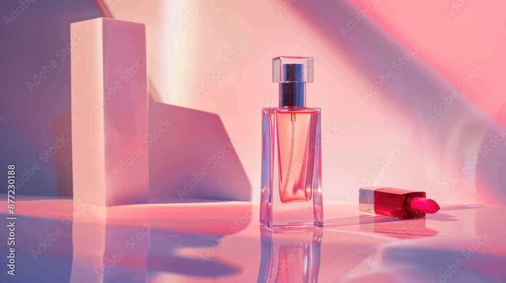 Perfume and Lipstick Mockups in Beauty Concept on Light Background Perfume and Lipstick Mockups in Beauty Concept on Light Background