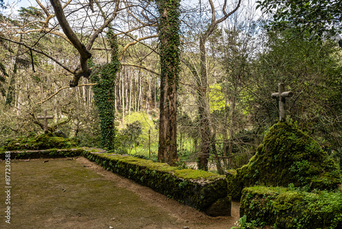 Abandoned and empty medieval Convento dos Capuchos in the Serra de Sintra National Park, Portugal photo