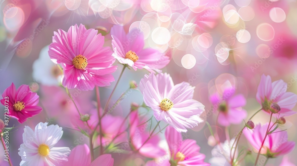 Pink and white cosmos flowers with blurred soft background in close up view Pink and white cosmos flowers with blurred soft background in close up view