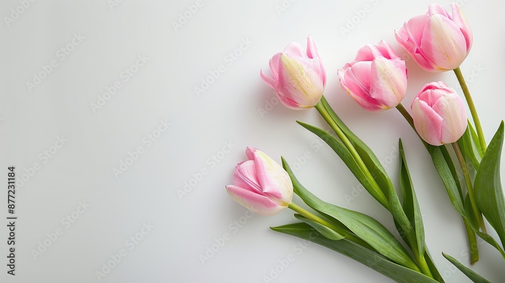 Pink tulip flowers on white background with space for text Event theme Pink tulip flowers on white background with space for text Event theme