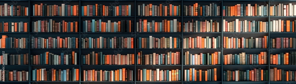 A wall of bookshelves filled with rows of colorful books. A wall of bookshelves filled with rows of colorful books.