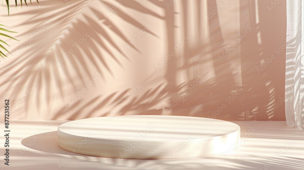 Podium with leaf shadow on pastel background for product presentation Podium with leaf shadow on pastel background for product presentation