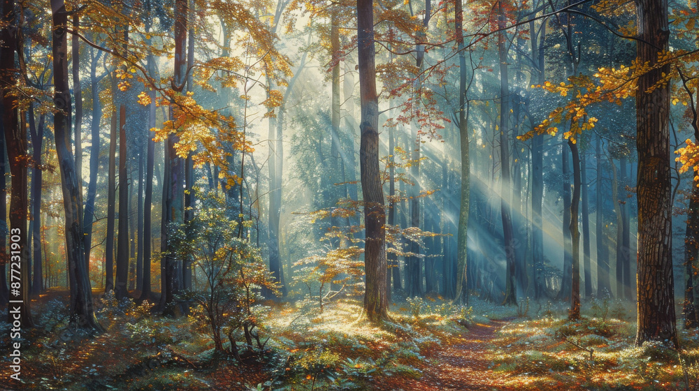 Fototapeta premium A painting of a forest with trees and leaves