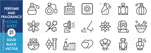 A set of line icons related to perfume and fragrance. Perfume, smell, good, flower, natural, beauty, herbal, chemical, bottle, celebrity and so on. Vector outline icons set.