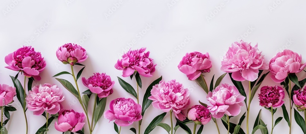 Obraz premium A stunning arrangement of vibrant pink peonies displayed on a clean white backdrop in a flat lay style creating a perfect copy space image for a Mother s Day or Valentine s Day card