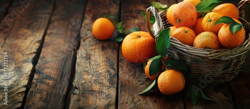 Fototapeta Naklejka Na Ścianę i Meble -  Rustic wooden backdrop with a basket of tangerines oranges and mandarins featuring citrus fruits and leaves with copy space image