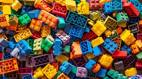 Top view of a pile of colorful Lego blocks scattered all over the place. The lego bricks of different shapes and sizes to show diversity, wallpaper.