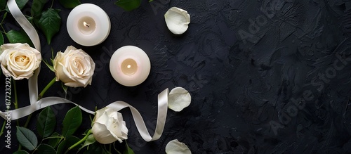 A picture frame for funerals featuring white roses a candle and a ribbon set on a dark table against a black backdrop with room for design in the image. with copy space image