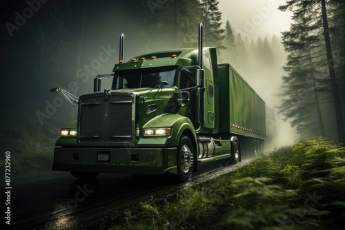 Green transport truck is traveling through a foggy green meadow in the morning, generative IA