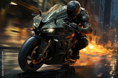 Black Sport Bike Digital Illustration Painting Art, generative IA