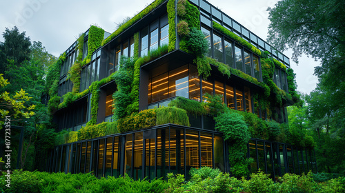 The contemporary vision of integrating green plants onto the facades of commercial buildings to foster a healthy ecological environment. photo