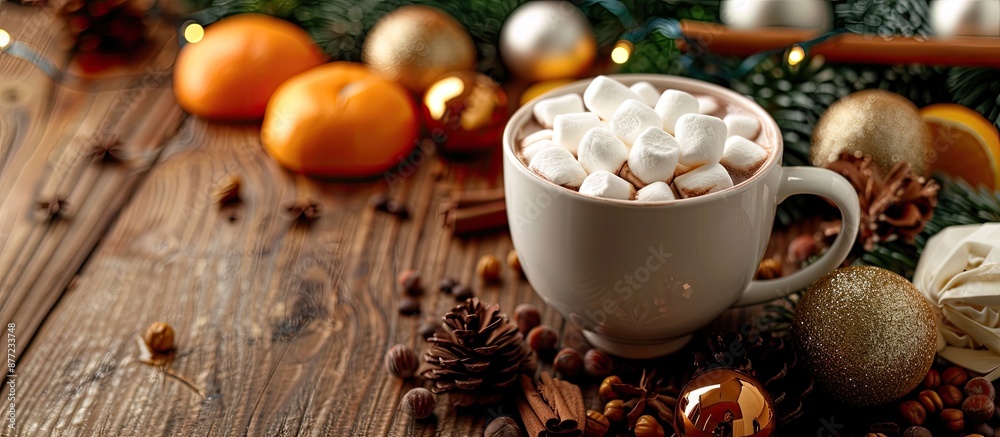A festive arrangement featuring a cup of warm hot chocolate topped with marshmallows surrounded by Christmas tree ornaments caramel candies nuts and oranges on a wooden backdrop with copy space for i A festive arrangement featuring a cup of warm hot chocolate topped with marshmallows surrounded by Christmas tree ornaments caramel candies nuts and oranges on a wooden backdrop with copy space for i