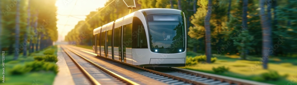 Naklejka premium Futuristic electric tram gliding through a green city, sustainable urban transit, eco-friendly public transportation