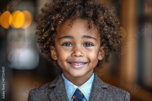 A cheerful young boy with curly hair wearing a suit and tie, smiling confidently in an indoor setting.