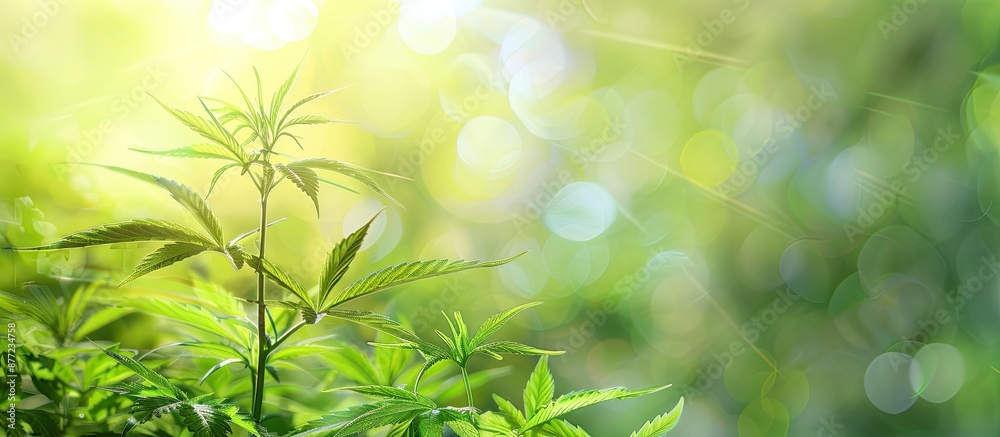 Hemp medical plant with leaves and a small bud on a blurred backdrop suitable for copy space image Hemp medical plant with leaves and a small bud on a blurred backdrop suitable for copy space image