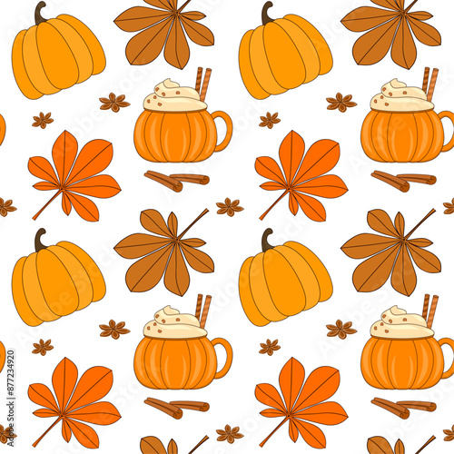 Pumpkin spice dessert and chestnut leaves cozy autumn background, seamless vector pattern for textile print, decorative wallpaper, wrapping paper.