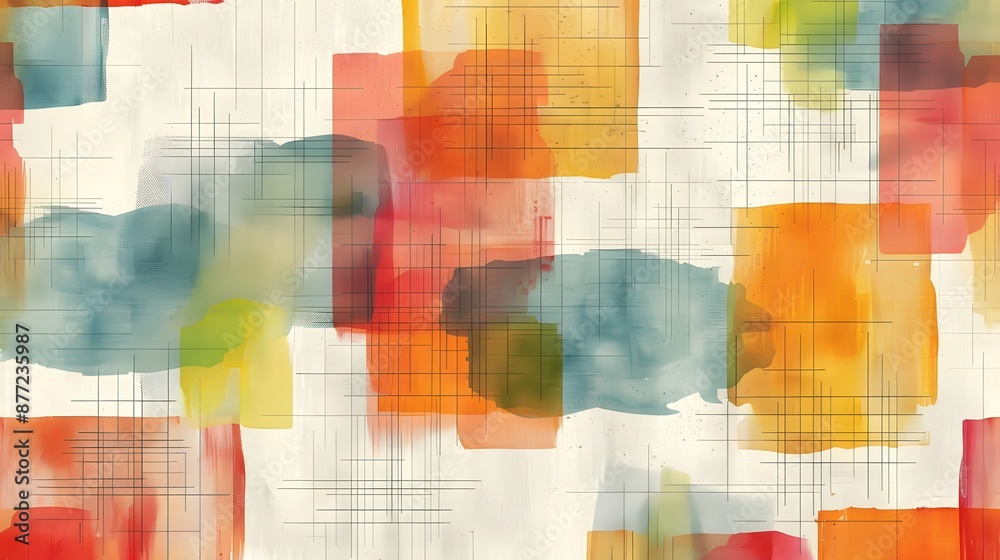Fototapeta premium Subtle grid design in soft earth tones with bright, playful splashes of color set against a pure white canvas, perfect for a modern, understated look.