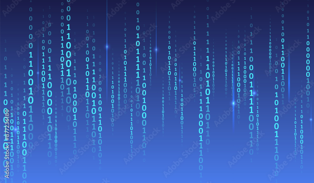Computer background of numbers. Flying data illustration. Analytics, sorting, structuring, transferring information. Blue background with data flow. Binary code, artificial intelligence. Program code. Computer background of numbers. Flying data illustration. Analytics, sorting, structuring, transferring information. Blue background with data flow. Binary code, artificial intelligence. Program code.