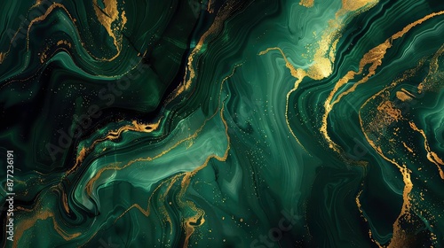 Fototapeta Naklejka Na Ścianę i Meble -  Background green gold abstract texture marble pattern liquid ink paint. Dark background green gold luxury stone wallpaper golden watercolor foil agate black art design emerald color fluid water modern