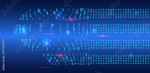Analytics, sorting, structuring, transferring information. Blue background with data flow. Binary code, artificial intelligence. Program code. Computer background of numbers. Flying data illustration.