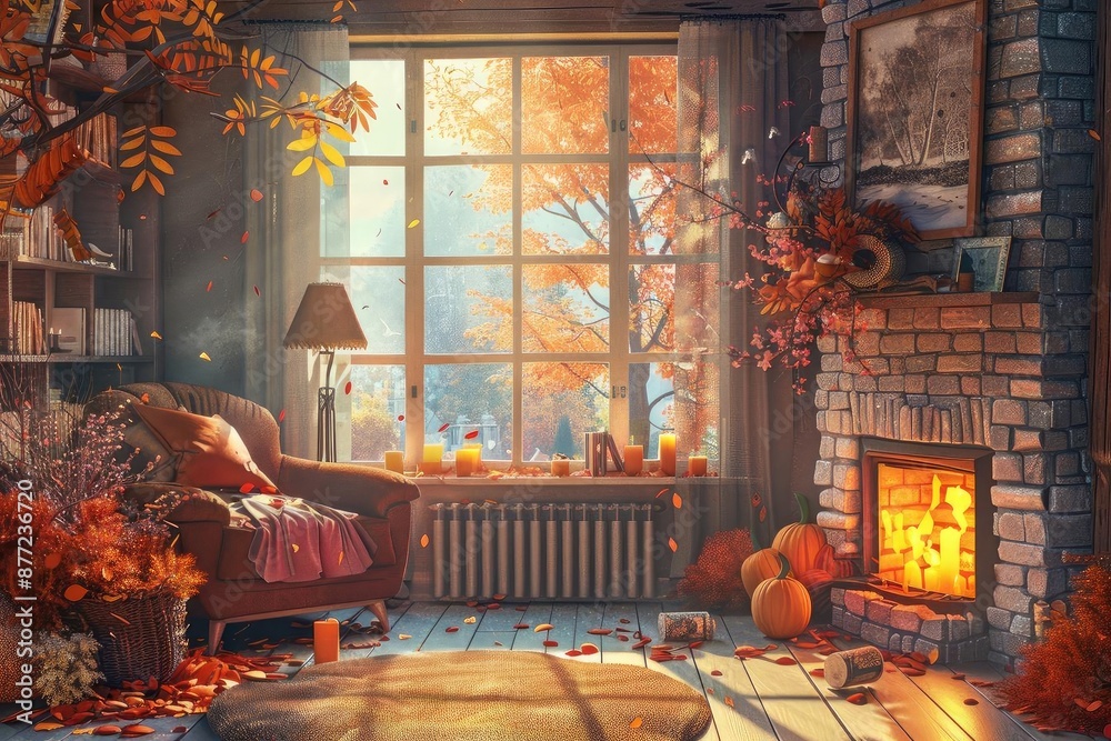 Naklejka premium Cozy autumnal living room with a fireplace, pumpkins, and warm decor, evoking a serene and relaxed atmosphere during the fall season.