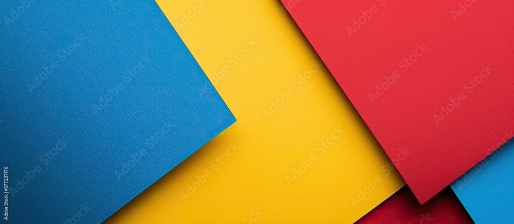 Top view of an abstract geometric background in yellow red and blue crafted from layered paper providing a copy space image