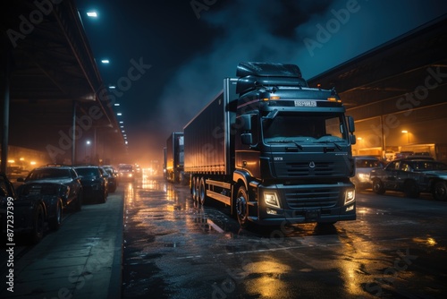 Several trucks with containers coming out of the warehouse, generative IA