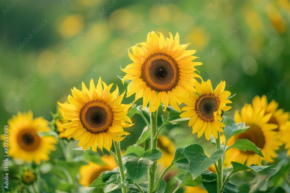 Fototapeta premium A close-up shot highlights three radiant sunflowers with brilliant yellow petals thriving in a sunlit field, capturing the essence of summer and natural beauty in full bloom