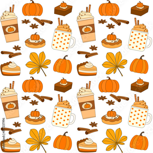 Pumpkin spice latte and sweet pastries seamless vector pattern with fall leaves, aromatic cinnamon, anise and whole pumpkins. Cozy autumn background