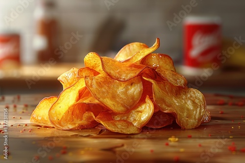 A pile of crispy potato chips on a wooden surface. photo