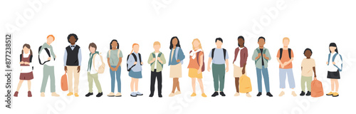 Different children with backpacks stand together.