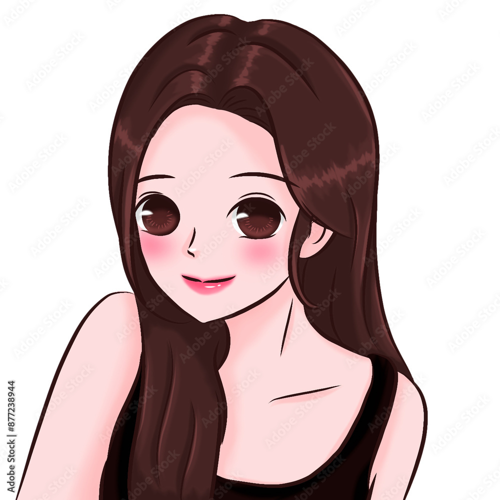 Cartoon woman, young woman with long hair wearing a black tank top Cartoon woman, young woman with long hair wearing a black tank top