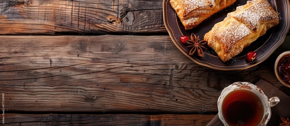 Turkish pastry and tea on a wooden table with copy space image