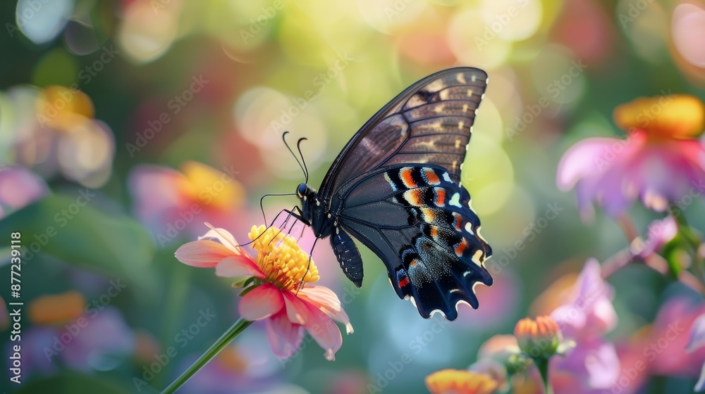 black swallowtail butterfly on pink flower with colorful garden background black swallowtail butterfly on pink flower with colorful garden background