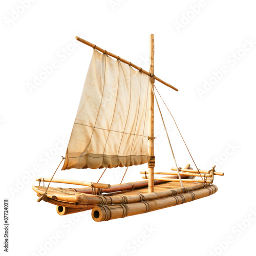 Wooden raft with a sail. Isolated on transparent background.