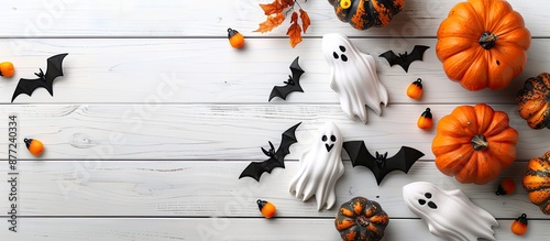 Image of Halloween themed decorations like pumpkins ghosts and bats on a white wooden table with available space for text shot from above. with copy space image. Place for adding text or design photo