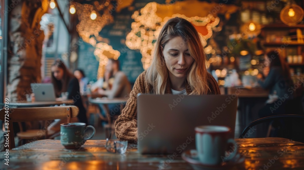 woman working on laptop in cozy cafe with warm lighting. woman working on laptop in cozy cafe with warm lighting.