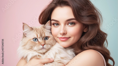 Beautiful woman embracing fluffy white cat on pastel background