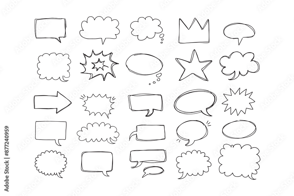 Fototapeta premium Speaking hand drawn doodle bubbles set. Talk clouds sketch frames. Speech thought Balloon shapes.