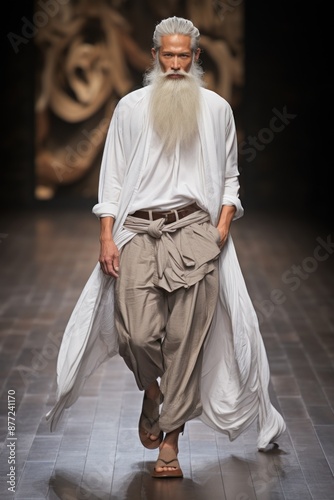 Model walks fashion week catwalk runway show, casual flowing outfit, white top free trousers