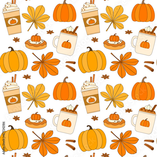 Pumpkin spice latte, sweet pastry and fall foliage seamless vector pattern, cozy autumn background, decorative wallpaper, textile print, packaging.